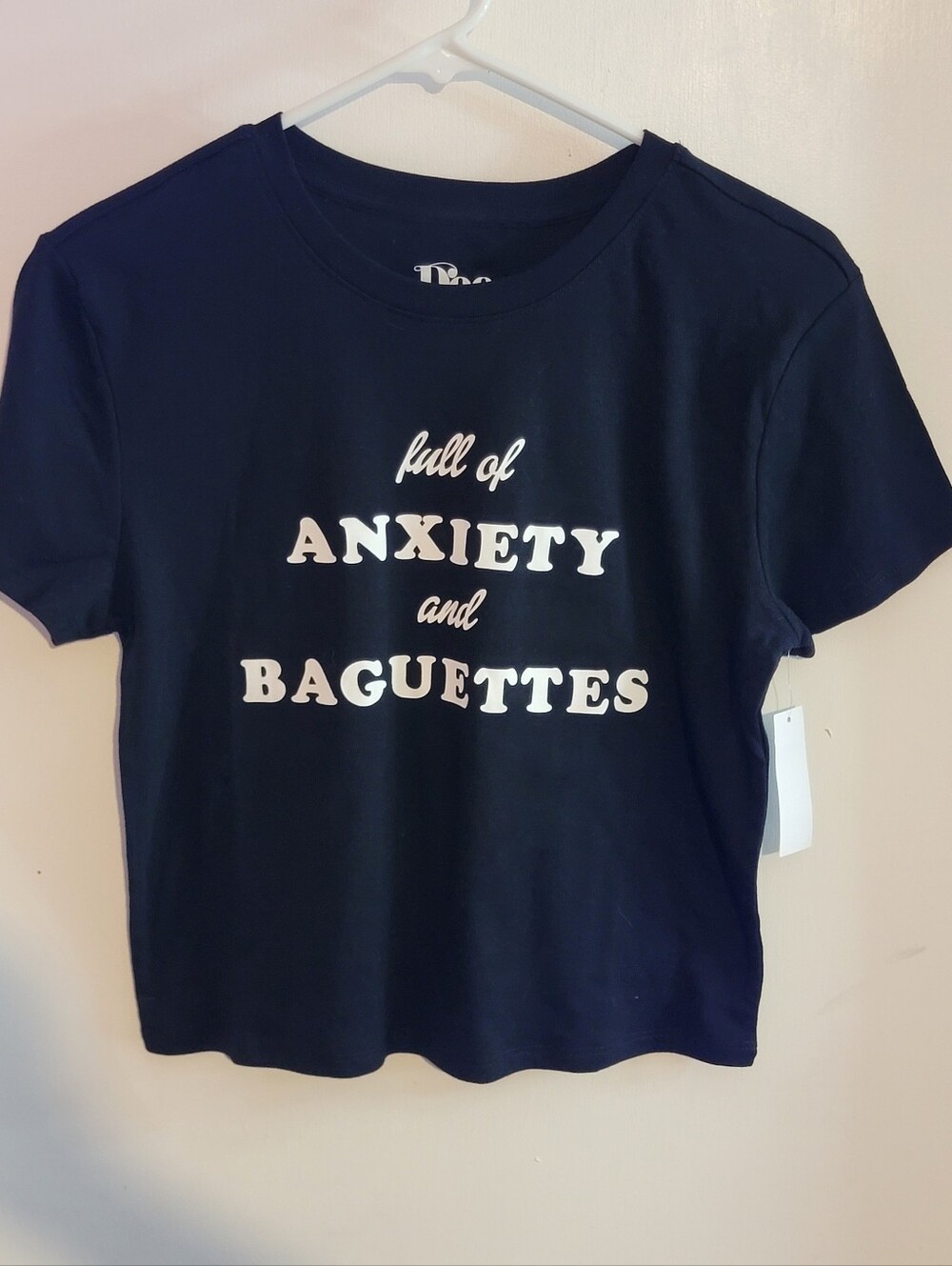 Graphic Cropped Tee "Full of Anxiety and Baguettes" - Black with White Text
